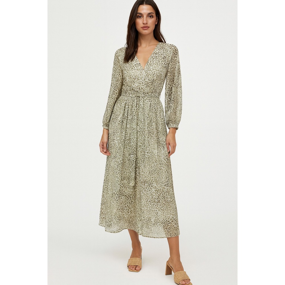 Alexa B Sheer Maxi Dress Womens 8 Green Leaf Print Rhinestone Belt Polyester